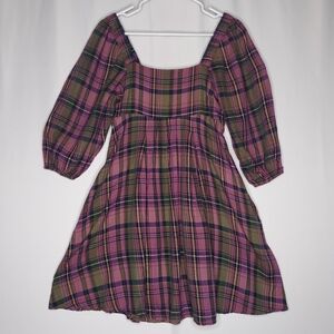 Natural Life‎ Dress XS Plaid Square Neck Puffed Sleeve Pocket Mini Green Purple